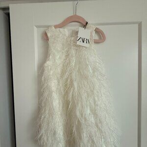 Zara Girls Feather Fringed White Party Dress NWT (Size 7)
